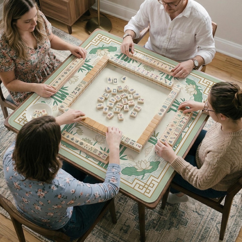 Puede incluir: Cuatro personas jugando al Mahjong alrededor de una mesa. La mesa tiene un dise&ntilde;o floral verde y crema. Los jugadores est&aacute;n colocando las fichas, con algunas dispersas en el centro.