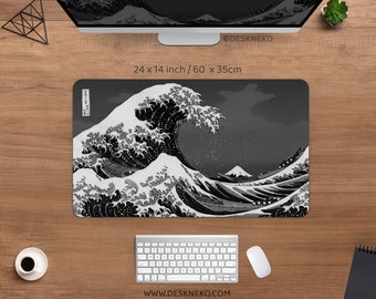 Japanese Mouse Pad Great Wave, Black and White Gaming Desk Mat RGB