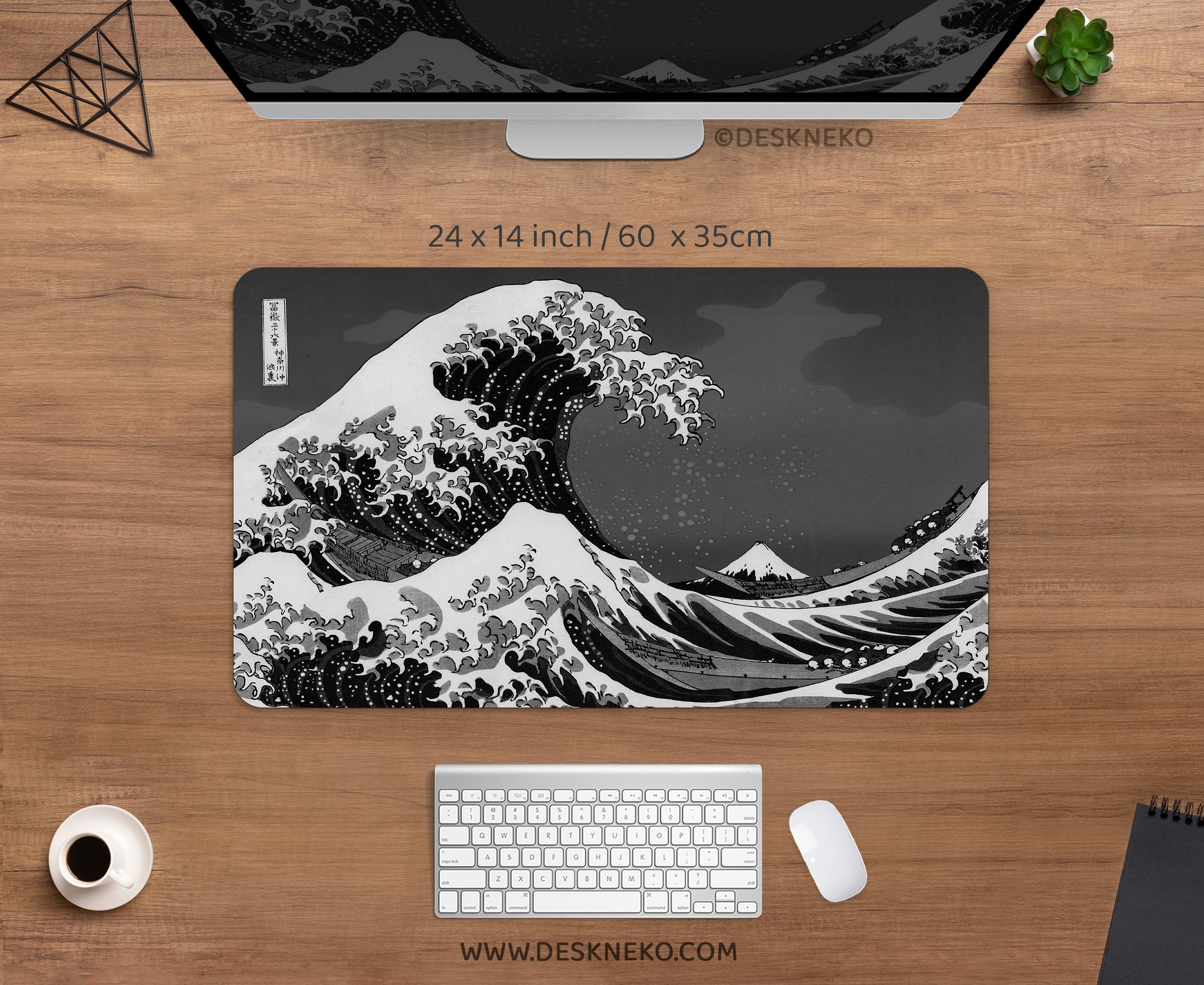 Japanese Mouse Pad Great Wave, Black and White Gaming Desk Mat RGB