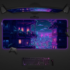 RGB Mousepad xl, LED mouse pad large, Gaming PC Desk Mat xxl, Vaporwave Cyberpunk, City Purple Neon Tokyo deskpad, Extended keyboard deskmat