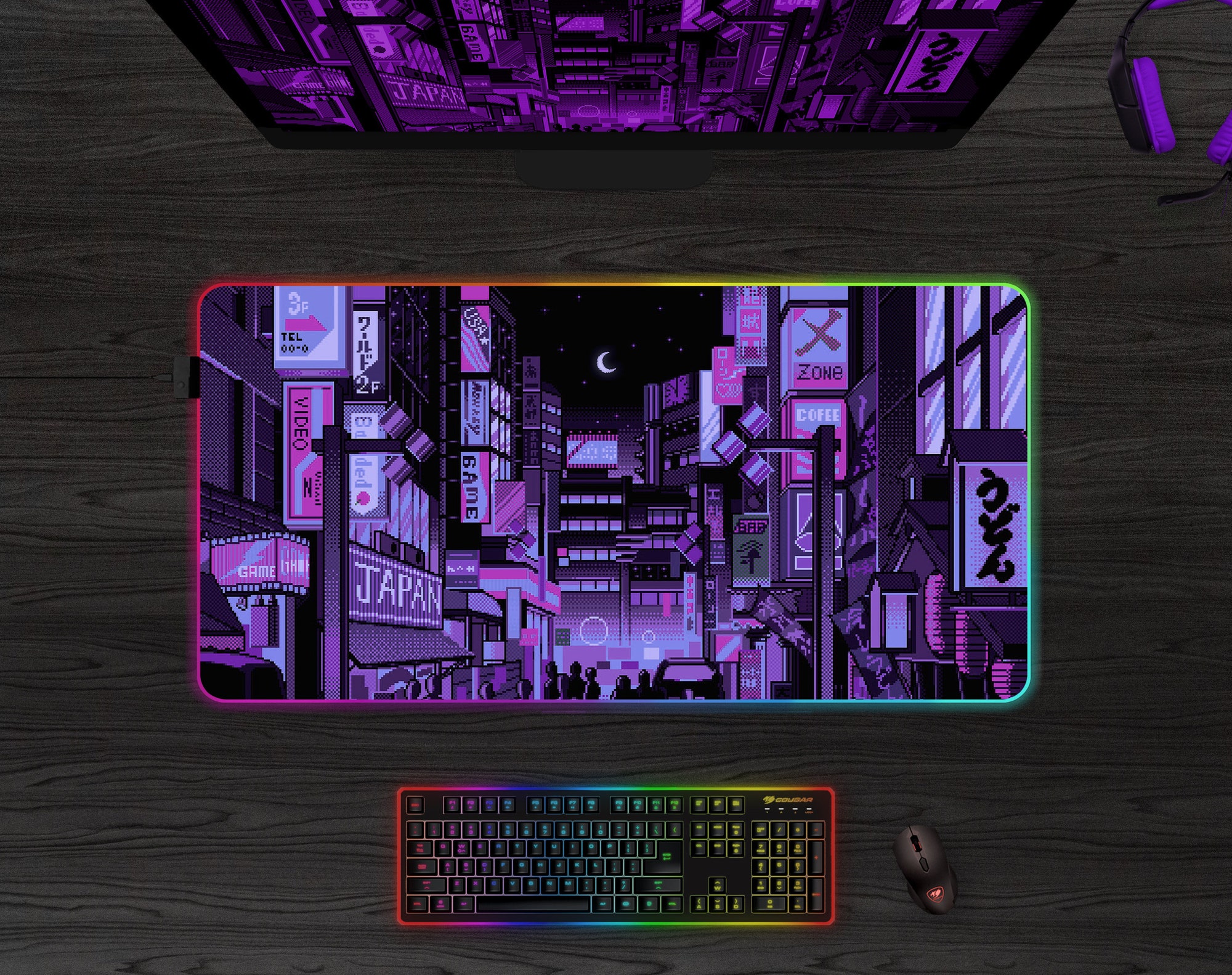 Neon Tokyo desk mat RGB, LED gaming mousepad, Extra wide large gamers keyboard deskmat