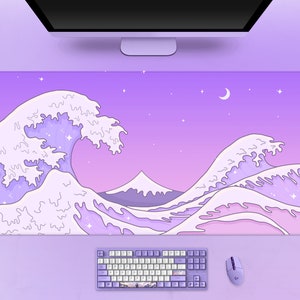 Kawaii Purple Desk Mat Cute Wave, Pastel pink Anime Aesthetics, Moon and Ocean mouse pad xl, XXL Japanese Gaming Mousepad (6 sizes/3 styles)