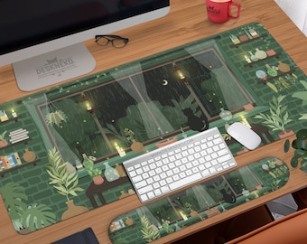 Witchy Desk Mat cute, Cozy Mousepad large, Green plants mouse pad, Aesthetic wrist rest, XXL cottagecore deskmat, Goth aesthetic witch cat