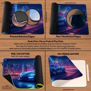 May include: A set of desk mats and mouse pads with a futuristic city and sports car design. The mats come in various styles, including stitched edges, flat edges, and LED/RGB editions with multiple color modes. They are made of Neoprene Rubber and Polyester Fabric.