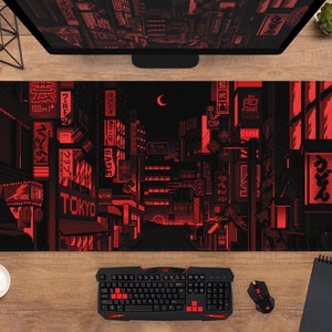 Tokyo Mousepad Black and Red Neon Street, Vaporwave Anime City Pixel Art deskmat, Japanese kyoto Mouse Pad xxl, xl lofi desk mat for gamers