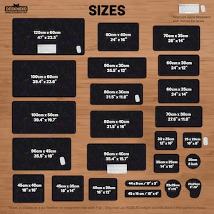 May include: A variety of black desk mats with purple and white accents are displayed, showcasing different sizes. The mats range from 10" x 8" to 47" x 23.5", with an apple keyboard and mouse for scale. The word "SIZES" is at the top.