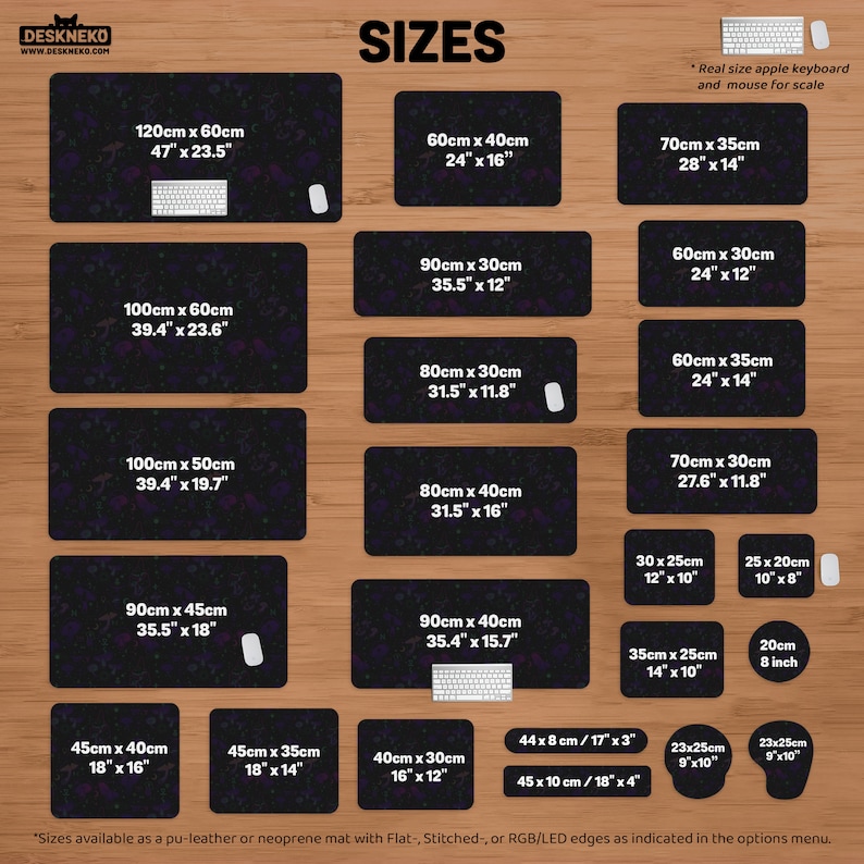 May include: A variety of black desk mats with purple and white accents are displayed, showcasing different sizes. The mats range from 10" x 8" to 47" x 23.5", with an apple keyboard and mouse for scale. The word "SIZES" is at the top.