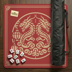 Red Mahjong mat dragon design, Gold chinese mah jongg play mat, red oriental table cloth protector, board game pad, travel gaming gift