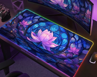 Lotus Flower Mouse Pad LED: Gaming Desk Mat RGB, Large Keyboard Deskmat, wireless charging mousepad, Japanese art, Stained Glass Painting