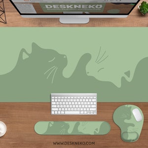 Cute Cats Deskmat, Green Mousepad minimalist, Yin yang kawaii cat sage matcha aesthetic wrist rest, xxl large gaming desk mat mouse pad