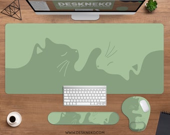 Cute Cats Deskmat, Green Mousepad minimalist, Yin yang kawaii cat sage matcha aesthetic wrist rest, xxl large gaming desk mat mouse pad