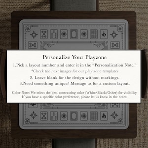 May include: A gray and white game board with decorative symbols and dice, set on a dark wooden surface. The text "Personalize Your Playzone" is displayed, along with instructions for customization. The board is designed for a specific game.