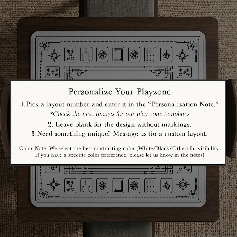 May include: A gray and white game board with decorative symbols and dice, set on a dark wooden surface. The text "Personalize Your Playzone" is displayed, along with instructions for customization. The board is designed for a specific game.