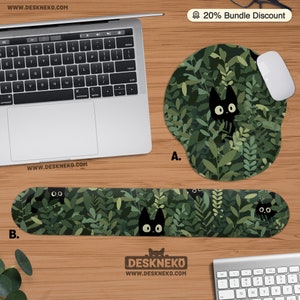 Cute Cats Mouse Pad: with Wrist Rest, Green Ergonomic Mousepad, Hand arm support, Kawaii anime plants, Keyboard Desk Mat Decor Accessories