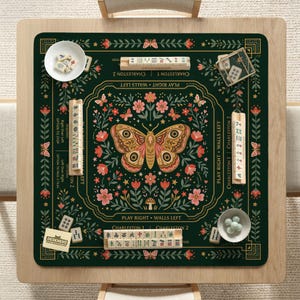 May include: A dark green square mahjong mat featuring a central moth illustration surrounded by floral patterns. The mat includes printed text such as Charleston 1, Charleston 2, Play Right, and Walls Left, with four wooden tile racks and game tiles.