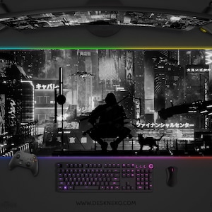 Gaming Desk Mat Black and White, Anime Deskmat Vaporwave, LED RGB mousepad neon glow light, XXL large extended deskpad keyboard mouse pad