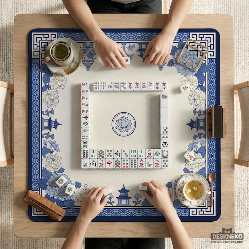 Blue White Floral Mahjong Mat, Chinoiserie Hydrangea Pagoda Tabletop Cover, Elegant Hostess Gift, Lotus Square Game Surface Decor Home image 3