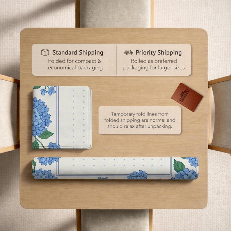 May include: A folded and rolled floral patterned table runner and matching folded placemat. The design features blue hydrangea flowers and green leaves on a white background with blue dotted accents. A small brown card is also present.