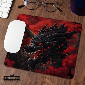 Dragon Mouse Pad, Black & Red Mousepad, Large Keyboard Wrist Rest pad, Oriental Japanese art, deskmat mouse mat, Desk Decor Accessory gift