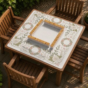 May include: A square wooden table with four matching chairs features a white tabletop surface decorated with a floral pattern of roses, leaves, and small wreaths. A square wooden frame sits in the center of the table, creating a defined area.
