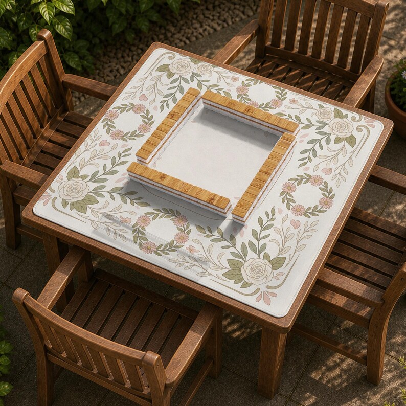 May include: A square wooden table with four matching chairs features a white tabletop surface decorated with a floral pattern of roses, leaves, and small wreaths. A square wooden frame sits in the center of the table, creating a defined area.