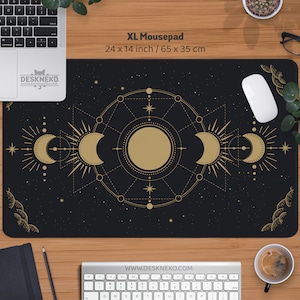 Moon Desk Mat, Large Mousepad xl, Celestial Deskmat astrology, Black and Gold space, Soft keyboard wrist rest, XXL deskpad long mouse pad