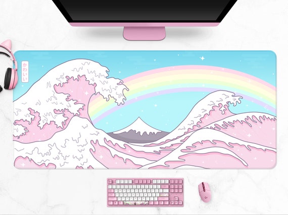 Tapis de bureau à vagues roses kawaii, tapis de souris pastel