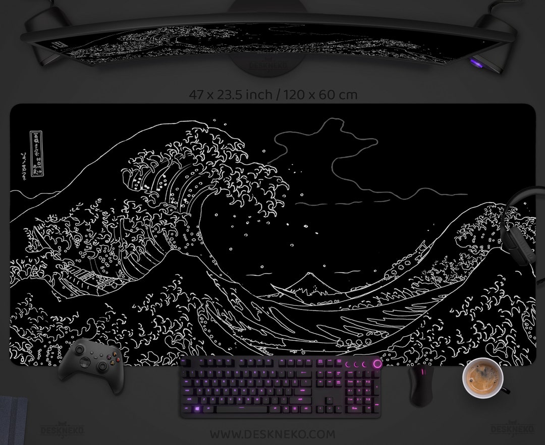Gaming Mousepad Black and White, LED Mouse Pad Wave, Large Desk Mat Japanese, Xl RGB Deskpad