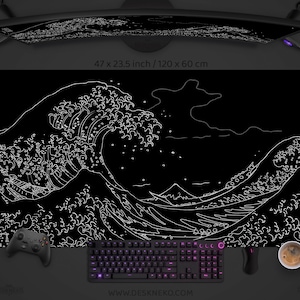 Gaming Mousepad black and white, LED Mouse pad wave, Large desk mat Japanese, xl RGB deskpad Japan, XXL extended deskmat/playmat minimalist