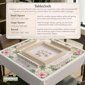 Pink Tropical Mahjong Mat, American Mahjong Game Mat With Rules, Hibiscus Palm Tile Play Surface, Hostess Gift For Game Night Tablecloth - 1mm