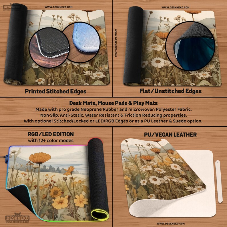 May include: Desk mats and mouse pads with a floral design. The mats feature a field of wildflowers in shades of yellow, orange, and white. Options include stitched edges, flat edges, and LED/RGB editions.