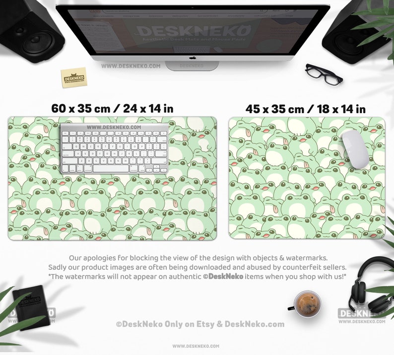 May include: Two rectangular desk mats, 24 x 14 inches and 18 x 14 inches, feature a repeating pattern of cartoon frogs in shades of green and white. A keyboard and mouse are placed on the larger mat. The text "DeskNeko" and website address are visible.