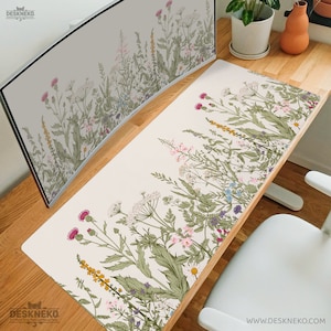 Floral Desk Mat nature, Large Mousepad xl, Off white beige cottagecore Deskmat xxl, Soft keyboard wrist rest, Long deskpad flowers mouse pad