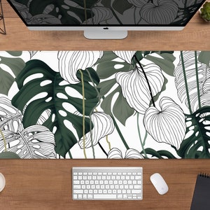 Monstera desk mat nature mousepad, tropical green monsterra leaves boho pattern, forest flowers mousemat, cute xxl gaming deskmat mouse pad