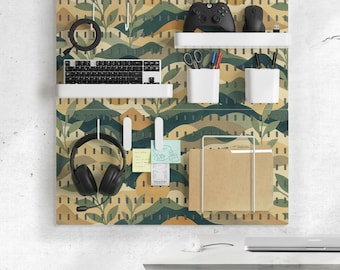 Japandi ophangbord wandorganizer, mosgroen abstract geometrisch bureau, complete set opbergbord rasterpaneel, modulaire ophanghaken