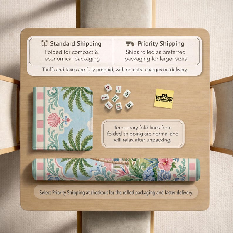 May include: A rolled-up desk mat with a tropical floral design, featuring palm trees, seashells, and pink and blue accents. A matching folded mat and mahjong tiles are also present. The image includes text about shipping options.