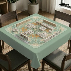 May include: A square, light green Mahjong table with a floral and dragon design. The table is set with tiles, racks, and a clear plastic dice holder. The table is surrounded by four wooden chairs.