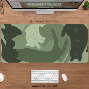 Cute Cats Deskmat Mousepad, Sage green boho minimalist, Minimal abstract art, wrist rest mousemat, kawaii xxl large wide desk mat mouse pad