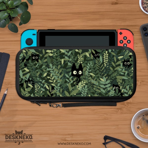 Cute case for Nintendo Switch, Green forest, Kawaii black anime cats,  Lite & Oled Hard shell base cover, game holder, Travel carrying pouch