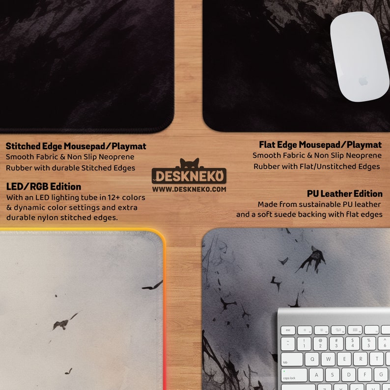 Pode incluir: A imagem mostra v&aacute;rios mousepads/tapetes de jogo Deskneko. As op&ccedil;&otilde;es incluem designs de borda costurada e borda plana, com edi&ccedil;&otilde;es LED/RGB e couro PU. A vers&atilde;o LED apresenta 12+ cores e configura&ccedil;&otilde;es din&acirc;micas. O endere&ccedil;o do site &eacute; vis&iacute;vel.