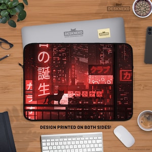 Red Anime Laptop Sleeve, Vaporwave Notebook Bag, Dark Japanese Neon Aesthetic, Cat cover for ipad/macbook pro, 10 12 13 14 15 17 inch
