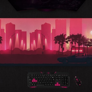 Vaporwave mousepad | XXL Gaming desk mat | synthwave skyline mouse pad