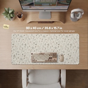 Tappetino da scrivania botanico avorio, tappetino per mouse minimalista di grandi dimensioni, tappetino da scrivania XXL esteso per tastiera e mouse, allestimento ufficio floreale, tappetino da scrivania deskneko 90x40cm / 35″ x 16″ inches