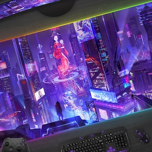 Cyberpunk mousepad, Gaming Desk Mat RGB LED, Vaporwave purple city Mousepad, Tokyo neon street neon sign, XL large wide pc deskmat mouse pad