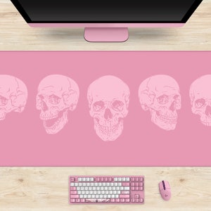 Pink Skulls Desk Mat, Goth mousepad xl, extra large gaming mouse pad, wide horror deskmat xxl, scary anatomical skeleton heads