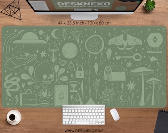 Cute witchy desk mat green, Spooky goth mouse pad, Sage skull mushroom magic mystical witch aesthetic, xxl large gaming deskmat mousepad