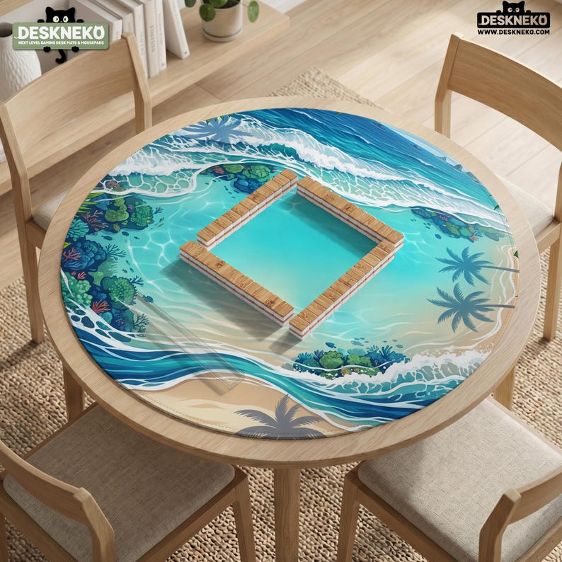 May include: A round desk mat featuring a vibrant tropical beach scene with turquoise ocean waves, coral reefs, and palm trees. A square wooden frame is positioned in the center of the mat. The logo DESKNEKO is printed in the top left and right corners.