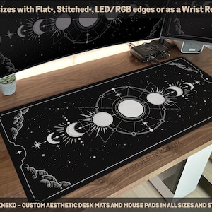 Mondphasen Schreibtischmatte, Celestial Mousepad, Witchy Mousepad groß, Schwarz Silber Weiß Schreibtischmatte, Tarot Astrologie Hexe Ästhetische Handgelenkauflage
