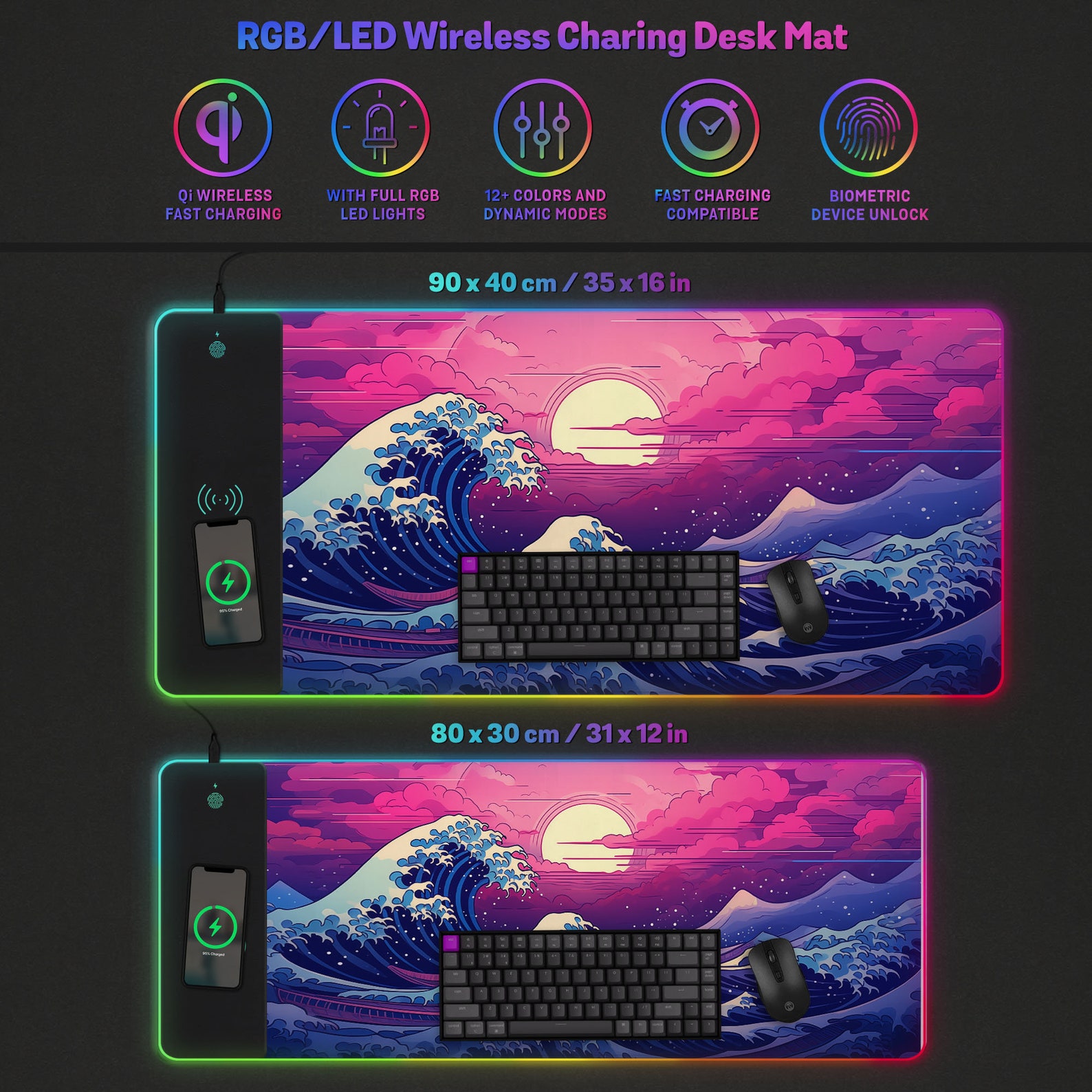 Great Wave Mouse Pad LED: Large Desk Mat RGB, Neon Purple Japanese ...