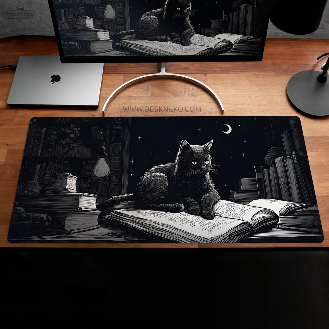 Black Cat Desk Mat, Dark Academia Deskmat, Cozy Witchy Mood, Large